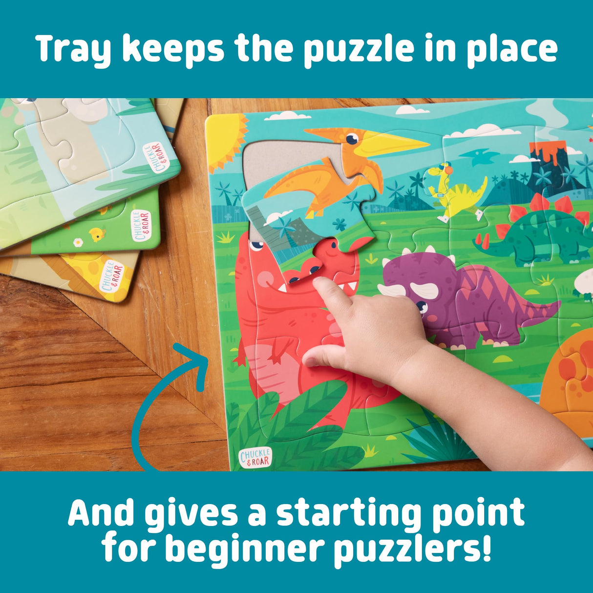 Chuckle & Roar - 4 Pack Tray Puzzles - Farm, Dinosaurs, Jungle, and Zoo - Larger Pieces Designed for Preschool Hands - 12 & 24 PC Tray Puzzles Chuckle & Roar