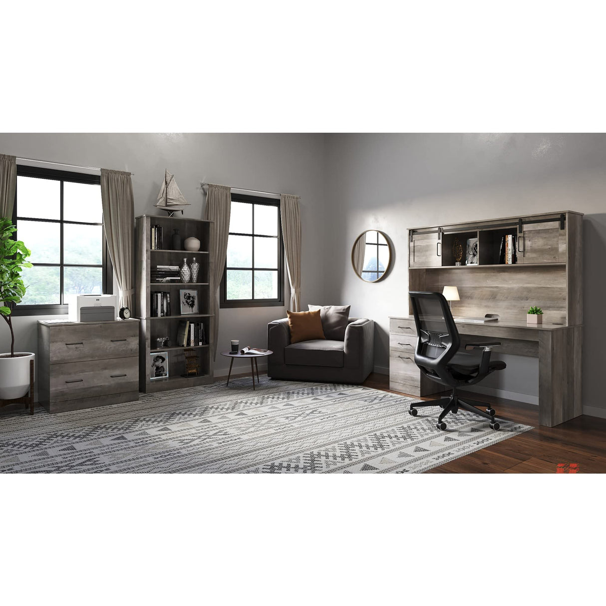 Realspace® Peakwood 65"W Computer Desk with Hutch and Wireless Charging, Smoky Brown Realspace