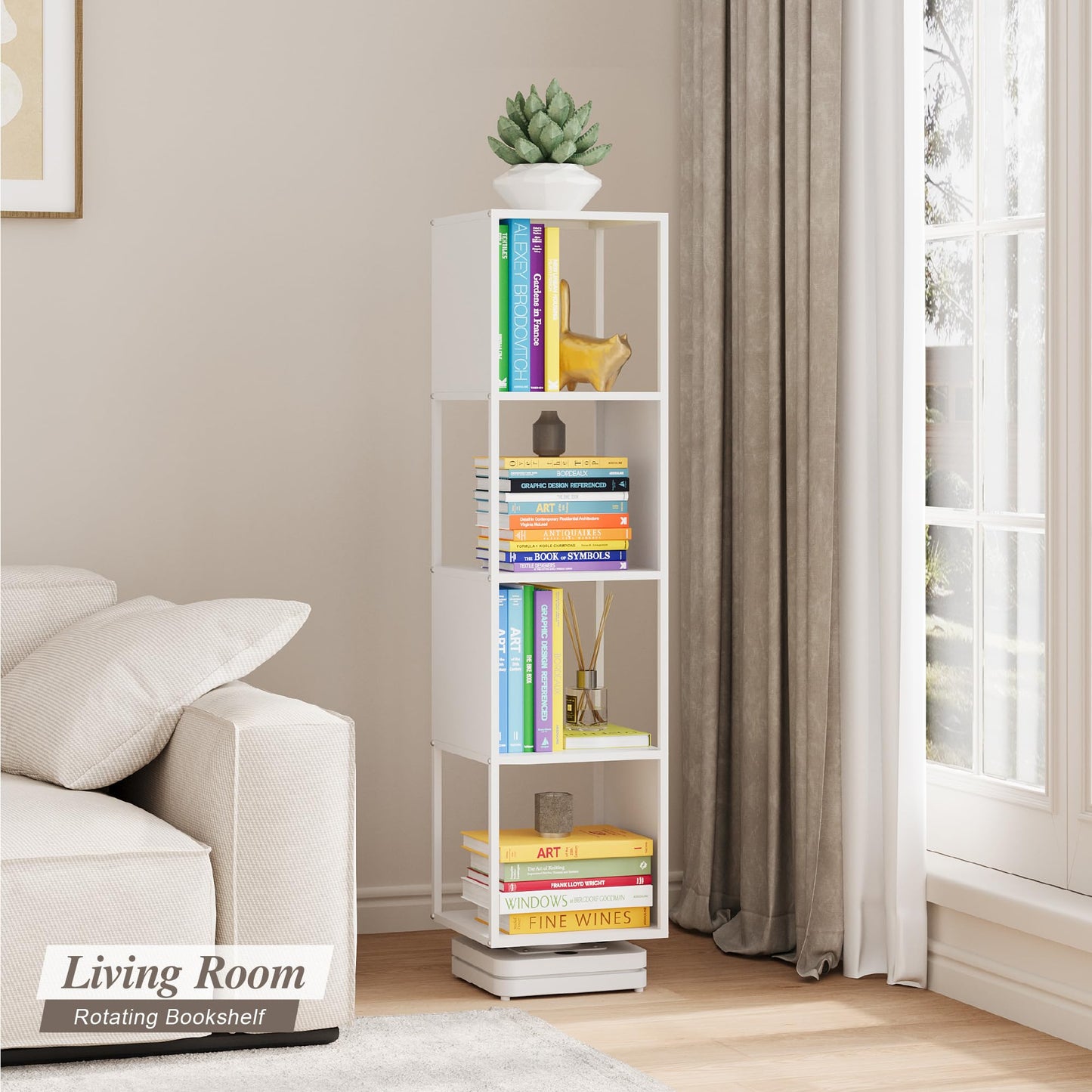 Suchtale 4-Tier Rotating Metal Bookshelf - 360° White Spinning Bookcase for Space-Saving Storage - WoodArtSupply