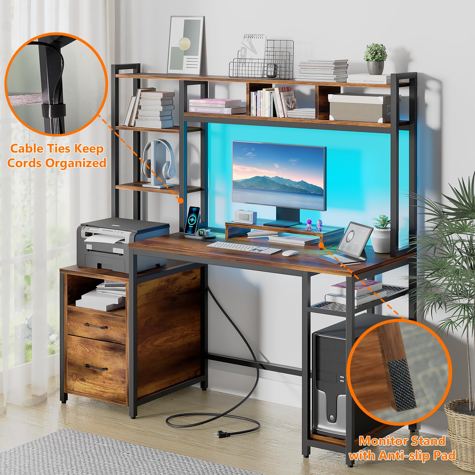 Vabches Computer Desk with Shelves 2 Drawers, Home Office Desk with Charging Station and LED Lights, 59" Desk with Hutch Monitor Stand Study Writing Table Laptop Workstation (Rustic Brown) - WoodArtSupply