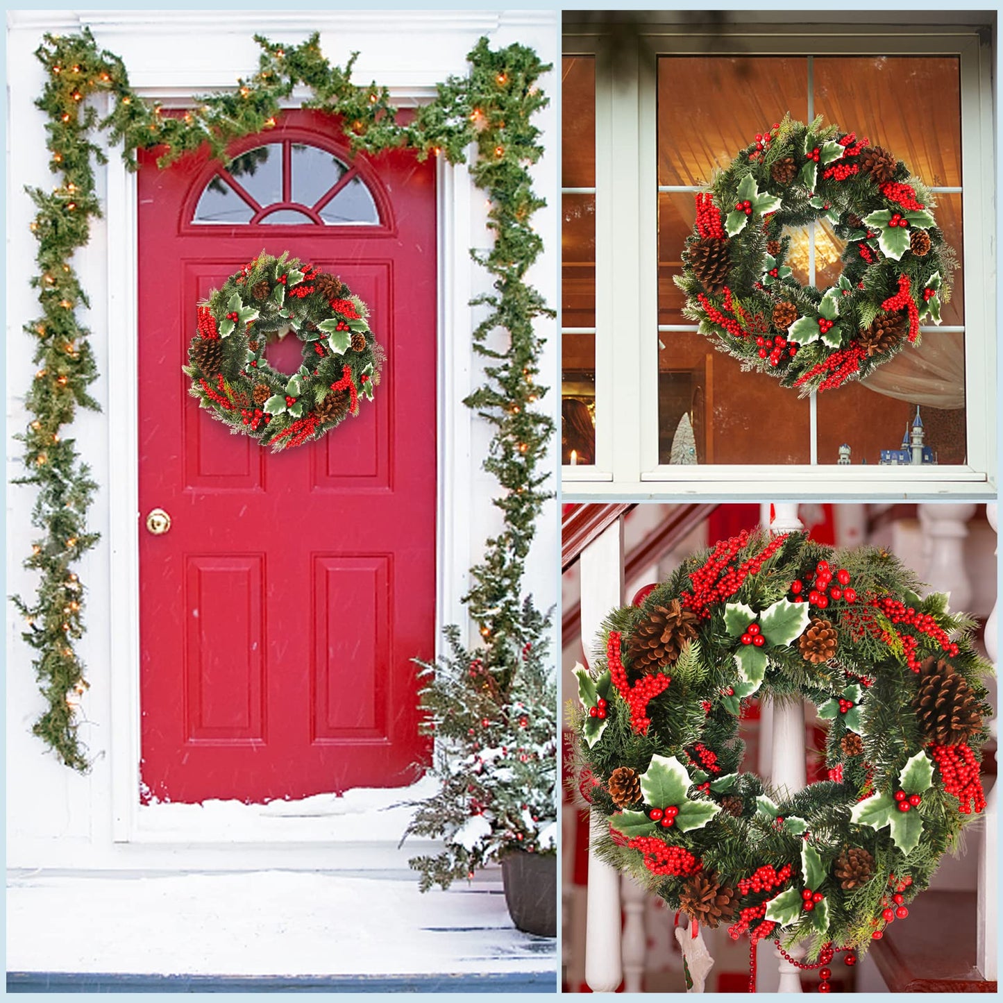 Christmas Wreath Front Door 24 Inch Artificial Christmas Wreath with Berry and Pine Branches Christmas Decorations Indoor and Outdoor Holiday Decorations