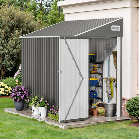 NicBex Heavy-Duty Lockable 4x8 Lean to Metal Shed - Weather Resistant Outdoor Lean to Shed with Vents & Door - Grey, Wall Side Design Sheds for Lawn Mowers, Bikes, Firewood & Animal Shelters NicBex
