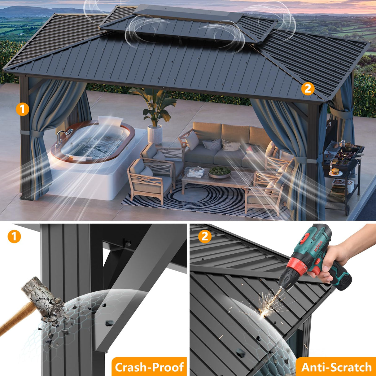 HOTEEL 10x15 Hardtop Gazebo with Flame-Retardant Curtain & Netting, Hot Tub Gazebo with Galvanized Steel Double Roof, Heavy Duty Permanent Pavilion Outdoor for Patio, Frame Thickened (Upgraded 3.0) Hoteel