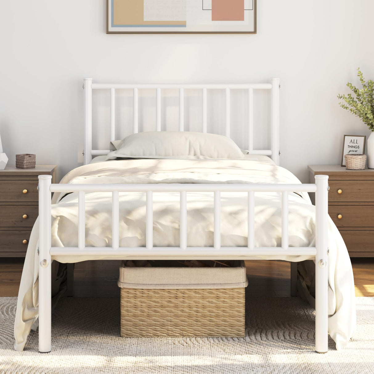 Yaheetech Twin Size Bed Frame Metal Platform Mattress Foundation with Spindle Headboard & Footboard/No Box Spring Needed/14 Inch Underbed Storage/Firm Support Easy Set up Structure, White Yaheetech