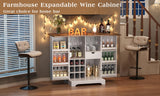LUXOAK Farmhouse Expandable Wine Bar Cabinet, 61" Home Bar Unit with Foldable Tabletop & Barn Door, Coffee Bar Cabinet with Wine & Glass Holder, Liquor Cabinet/Mini Bar/Buffet Cabinet, White LUXOAK