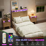 Maupvit Twin Size Boho Bed Frame with Rattan Hidden Storage Headboard, LED Light and 4 Drawers, Charging Station, Metal Platform Bed, No Box Spring Needed,Brown Maupvit