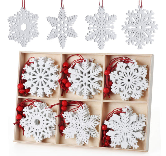 Lemonfilter 30Pcs Wooden Snowflakes Ornaments White, Christmas Wood Hanging Decorations 2.75 Inches Snowflakes Shaped Embellishments Hollowed Christmas Tree Hanging Ornaments with 30pcs Red Rope