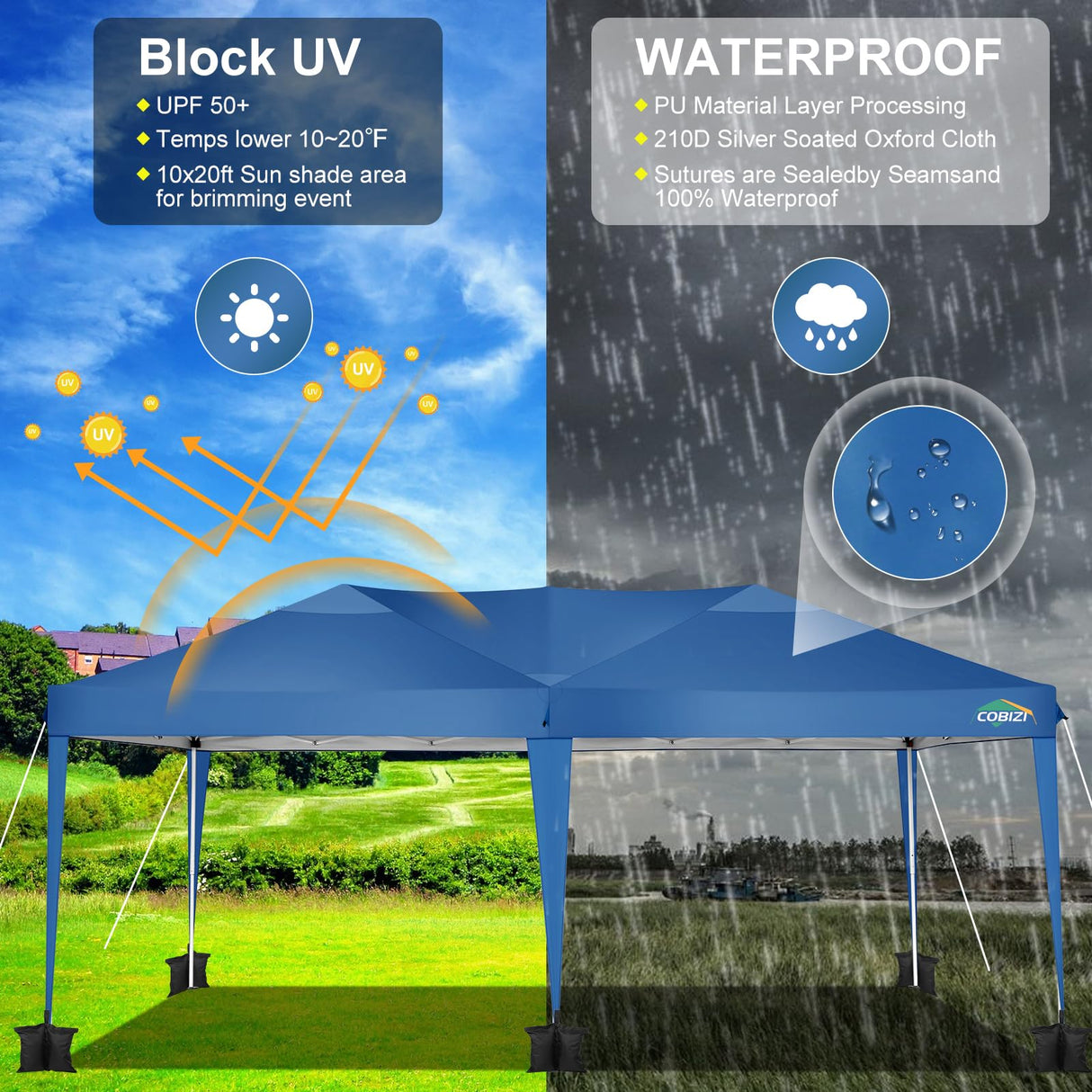 COBIZI Canopy 10x20 Pop Up Canopy Tent 10x20ft Waterproof Party Tent Ez Up Canopy Tents for Parties Wedding Outdoor Commercial Event Gazebo Portable Instant Tent for Backyard Camping Carport, Blue COBIZI