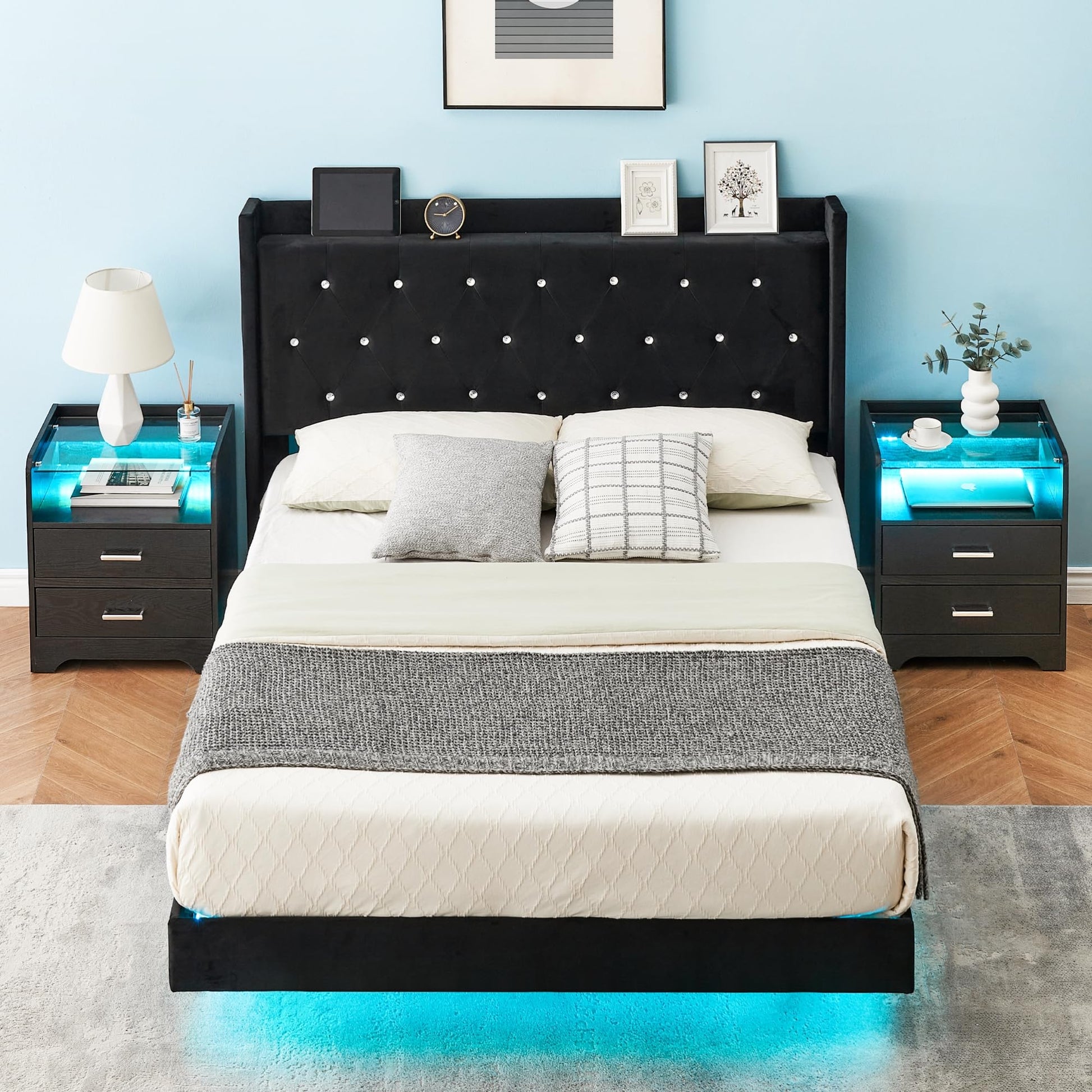 GarveeHome Modern Queen Size Floating Bed Frame with LED Lights and Wingback Storage Headboard - WoodArtSupply