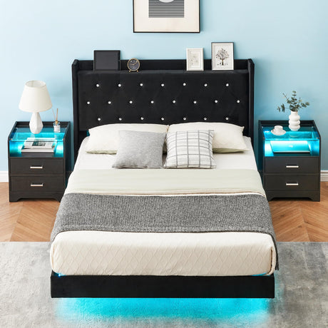 GarveeHome Modern Queen Size Floating Bed Frame with LED Lights and Wingback Storage Headboard GarveeHome