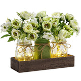 DUOER 3 Pcs Mason Jar Centerpiece Table Decorations for Dining Farmhouse Coffee Table Decor with Wood Tray and Led Light Table Centerpieces for Dining room Kitchen Living Bathroom,Green DUOER