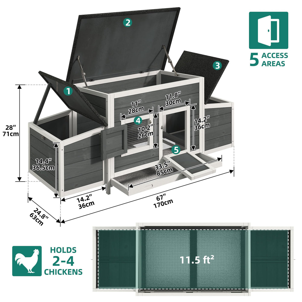 YITAHOME Chicken Coop 11.5ft² Large Wooden Chicken House Chicken Pen Outdoor with 2 Nesting Boxes Poultry Cage Rabbit Hutch Duck Cage with Weatherproof Roof (Grey) YITAHOME