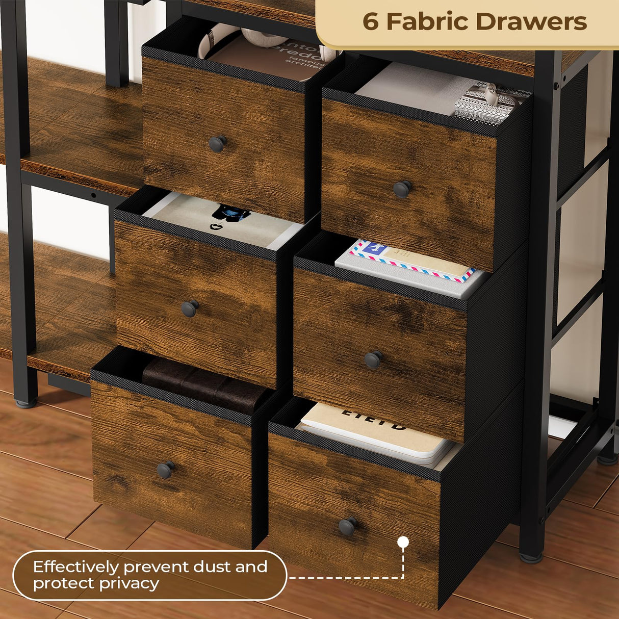 BTHFST Corner Bookshelf 6 Tier, 70.9" Convertible Tall Bookshelf with 6 Fabric Drawers, Corner Bookcase with Metal Doors, Large Display Shelf Book Shelf for Living Room,Home Office, Rustic Brown BTHFST