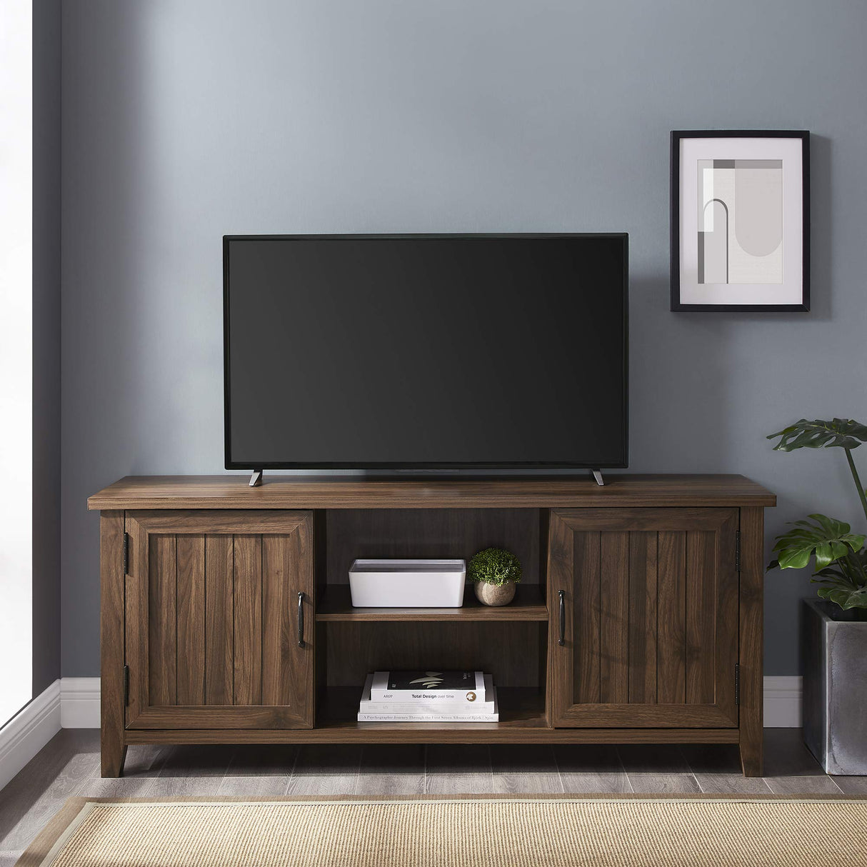 Walker Edison Buren Classic Grooved Door TV Stand for TVs up to 65 Inches, 58 Inch, Walnut Walker Edison