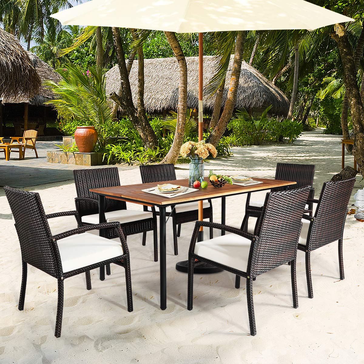 HAPPYGRILL 7 Pieces Patio Dining Set Outdoor Rattan Wicker Dining Furniture Set with Umbrella Hole, Powder Coated Steel Frame, Acacia Wood Dining Table and Armchairs with Removable Cushions HAPPYGRILL