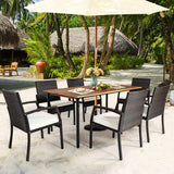 HAPPYGRILL 7 Pieces Patio Dining Set Outdoor Rattan Wicker Dining Furniture Set with Umbrella Hole, Powder Coated Steel Frame, Acacia Wood Dining Table and Armchairs with Removable Cushions HAPPYGRILL