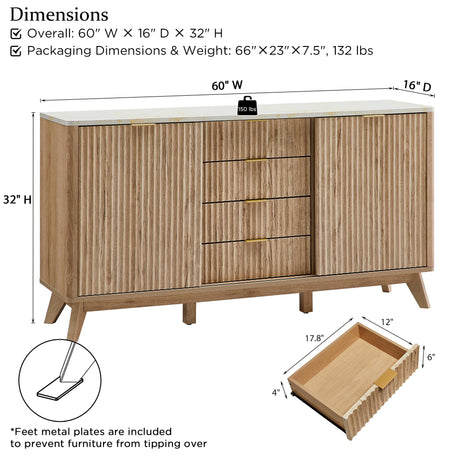 T4TREAM 60" Fluted Dresser with Sliding Doors and 4 Drawers, Modern Chest w/Faux Marble Top, Curved Profile Design, Dresser TV Stand, Wood Drawer Organizer for Bedroom, Living Room, Natural Oak T4TREAM