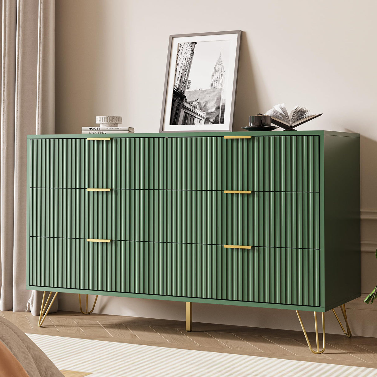 MAISONARIA Green Dresser for Bedroom, Modern Dresser with Gold Metal Handles & Chests of Drawers, Wood Chest of Drawers for Bedroom MAISONARIA
