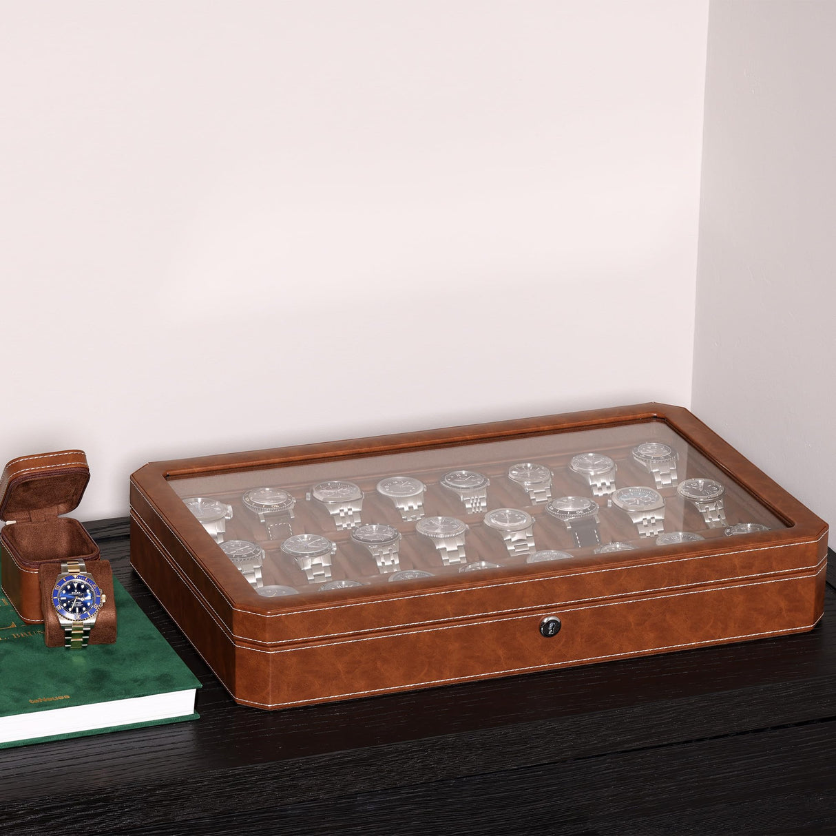 ROTHWELL 24 Slot Watch Case with Lock – Luxury Watch Box to Display and Organize Your Collection | Real Glass Top | Premium Storage for Collectors (Tan/Brown) ROTHWELL