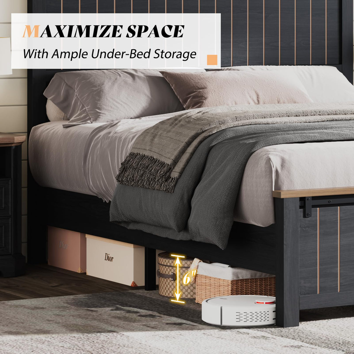 AMERLIFE Farmhouse Full Size Bed Frame with Sliding Barn Door, Wooden Rustic Platform Bed Frame with 47" Tall Headboard, Noise-Free, Solid Wood Slats & Metal Support, No Box Spring Needed, Dark Grey AMERLIFE