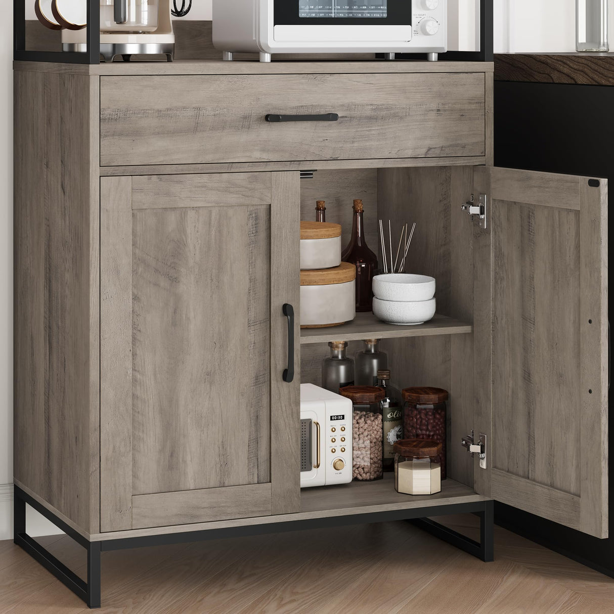 BOTLOG Hutch Cabinet with Storage, 71" H Kitchen Pantry Storage Cabinet with Microwave Stand, Hooks, Drawers for Home Bar, Kitchen, Dining Room, Industrial BOTLOG