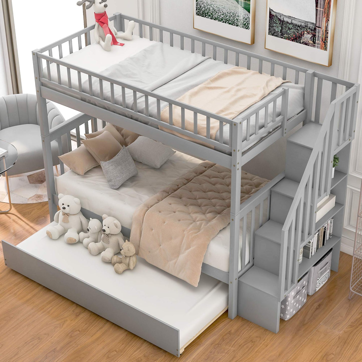 N NAANSI Grey Twin-Over-Twin Bunk Bed with Trundle and Storage Staircase - WoodArtSupply