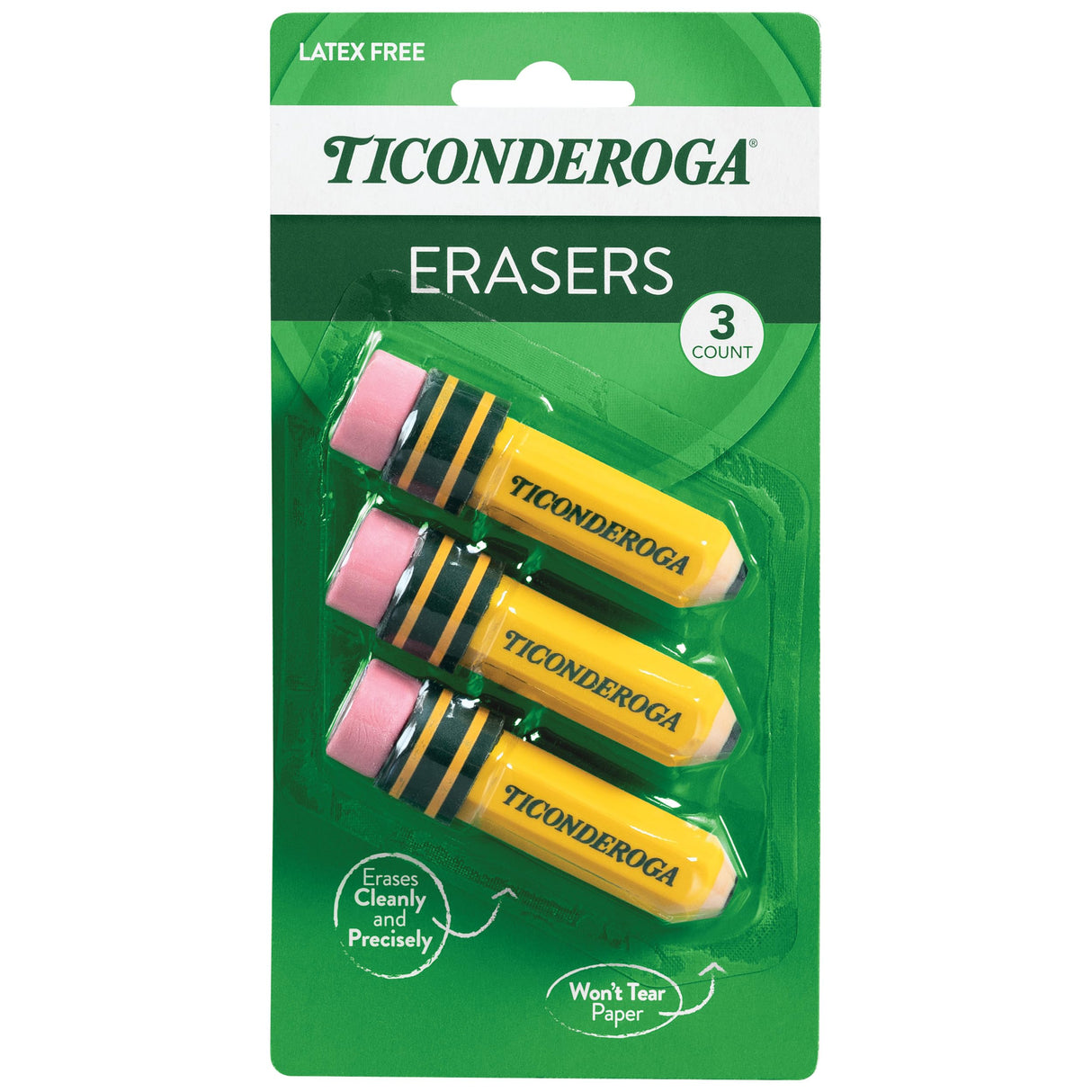 TICONDEROGA Erasers, Pencil Shaped, Latex-Free, Yellow, 3-Pack (38953) Ticonderoga