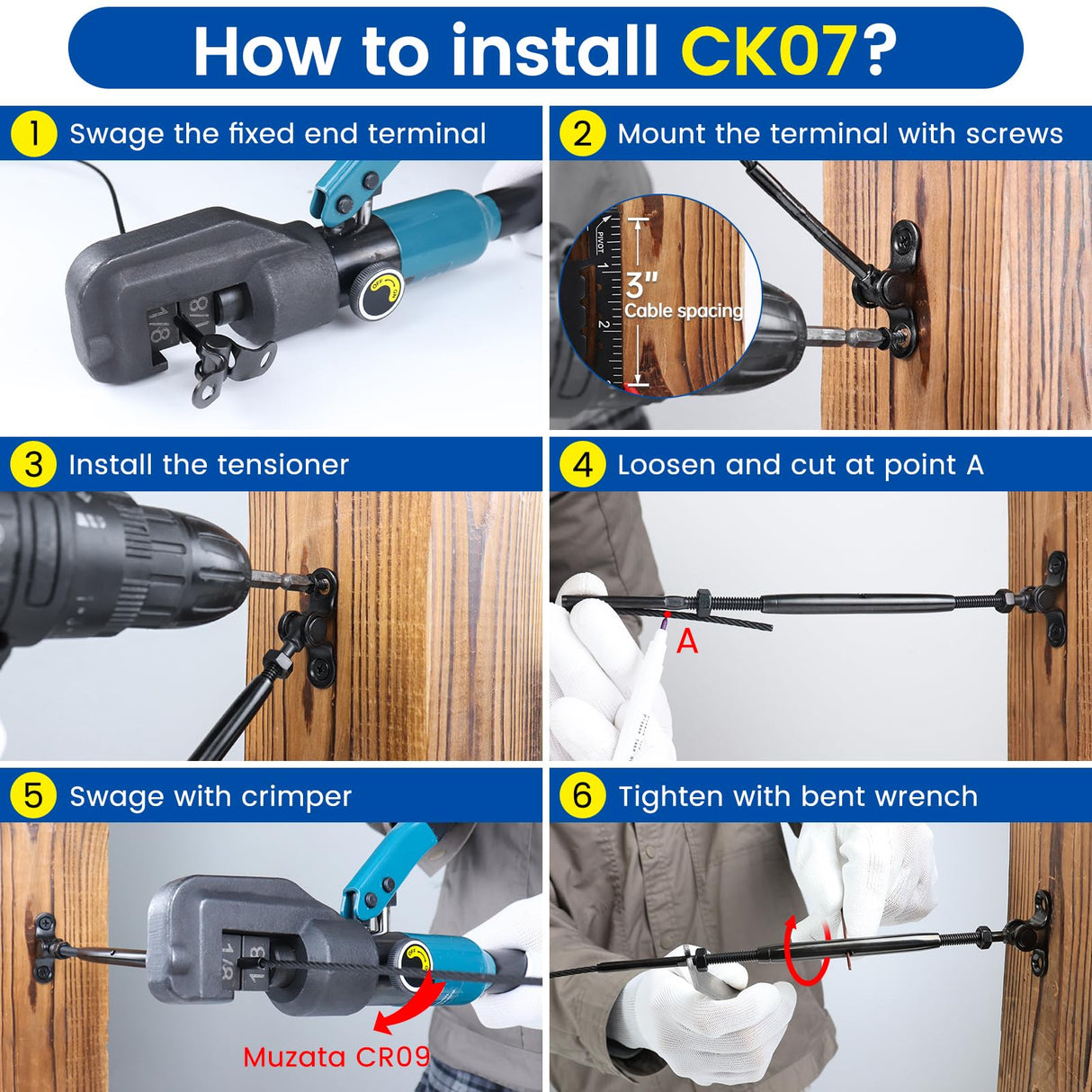 Muzata 10 Pairs 1/8" Black Cable Railing Hardware Kit Swage Toggle Turnbuckle for Wood Post T316 Stainless Steel Deck Cable Railing System Angle 180° Adjustable Stairs 20 Pack CK07 Muzata