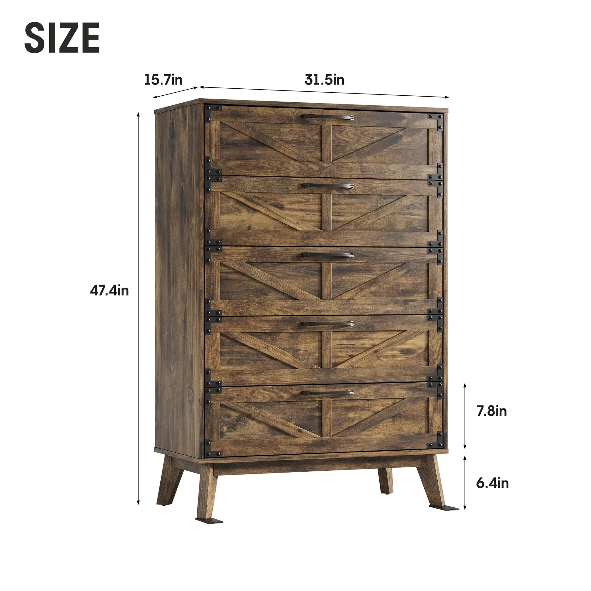 Fameill 47.4'' Farmhouse 5 Drawers Dresser, Tall Wood Dresser, Storage Cabinet with Metal Handles and Generous Storage Space, Dresser for Bedroom, Closet, Hallway, Rustic Brown - WoodArtSupply