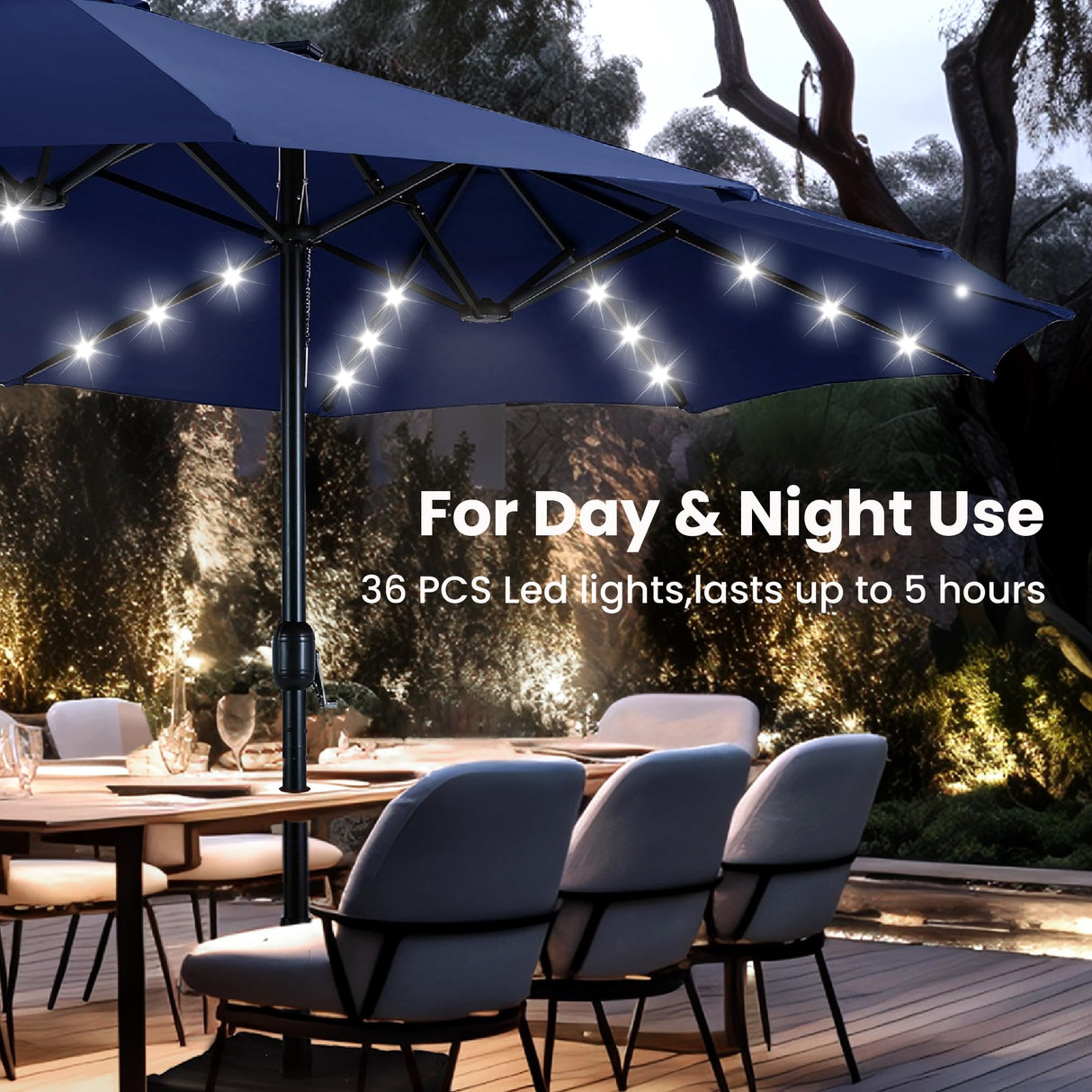 PHI VILLA 15ft Large Patio Umbrella with Solar Lights, Double-Sided Outdoor Market Rectangle Umbrellas with 36 LED Lights, Umbrella Base (Stand) Included, Navy Blue PHI VILLA