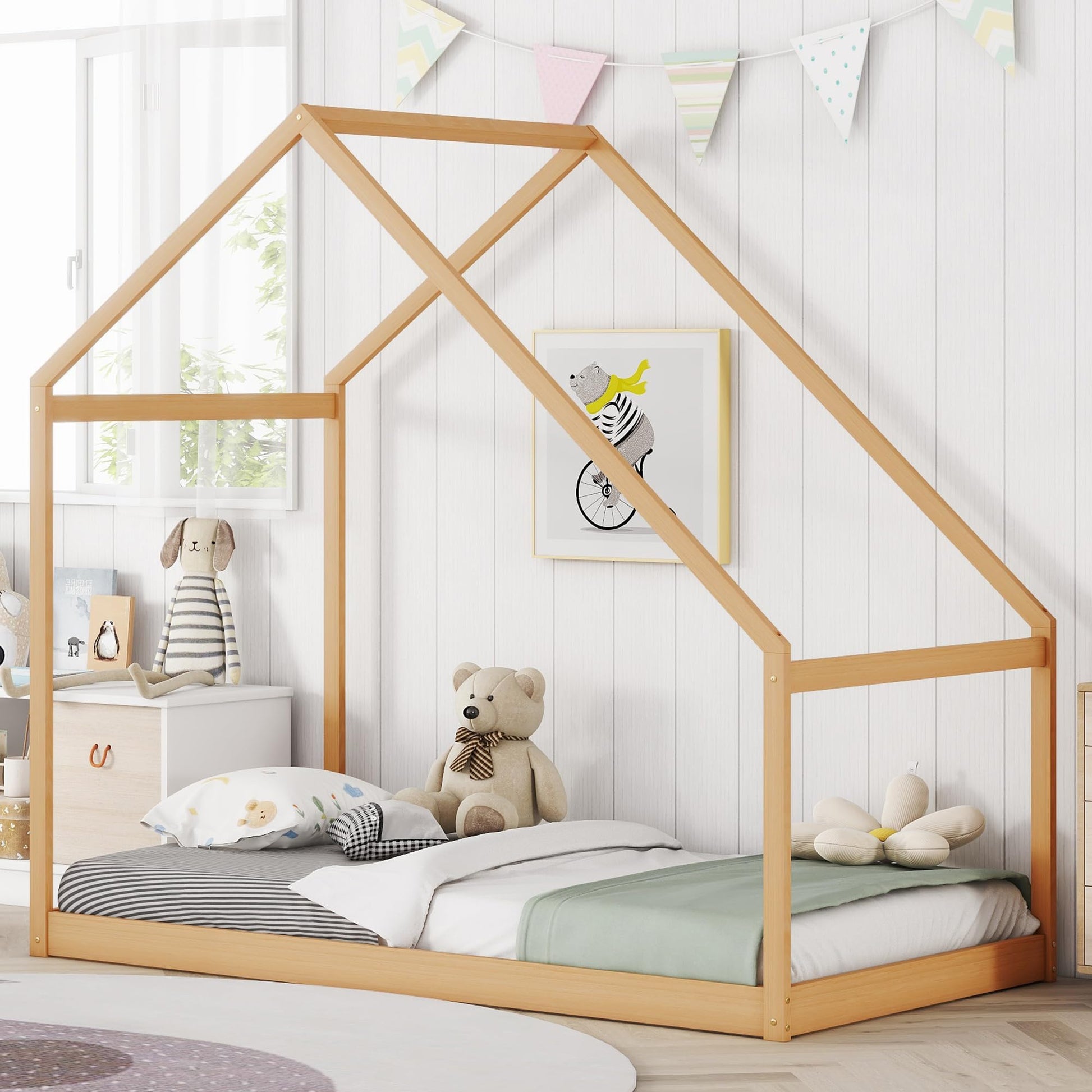 Merax Kids Twin Bed Frame with Rooftop, Montessori Wooden House Design, Sturdy and Easy to Assemble - WoodArtSupply