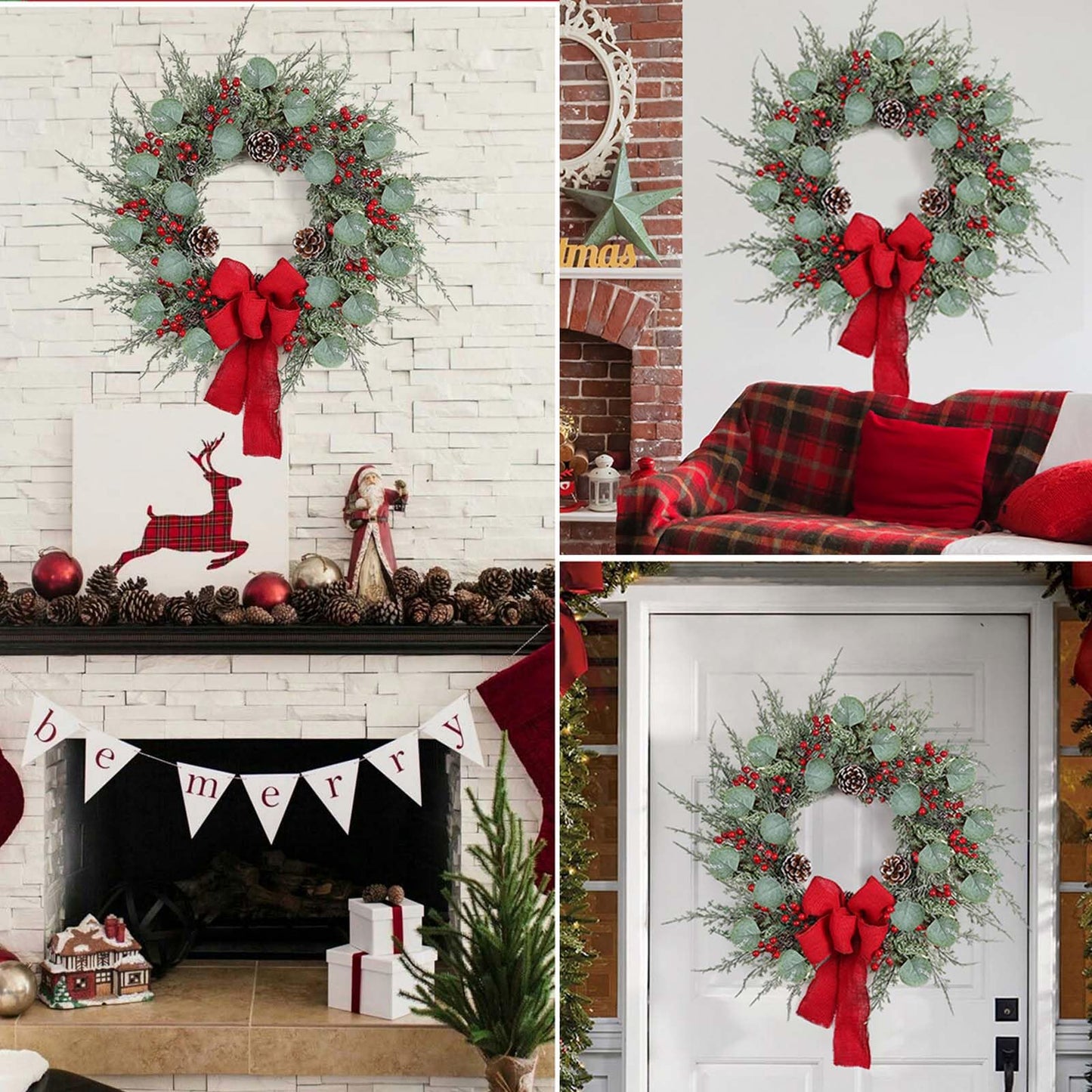 zjlmit 20 Inch Artificial Christmas Wreath Christmas Wreaths for Front Door with Pine Needles Pine Cones Red Berries Eucalyptus Leaves Red Bow for Home Office Wall Window Fireplace Winter Holidays