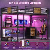 BTHFST Full Size Loft Bed with L-Shaped Desk and 3 Storage Drawers, LED Lights & Charging Station, Open Storage Shlef, Metal Loft Bed Frame with Solid Slats and Guardrail, Space Saving, Black BTHFST