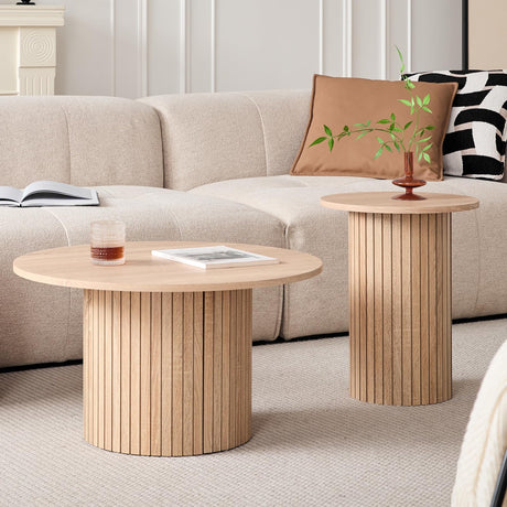 Lecafur HL Round Nesting Coffee Tables Set of 2 -φ27.6 Large Short + φ15.8 Small Tall Boho Circle Side Tables with Fluted Drum Design Lecafur HL