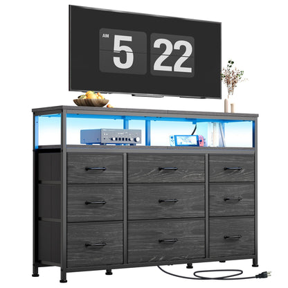 YeTom Tv Stand Dresser for Bedroom with Charging Station and LED Lights,9 Fabric Drawers Black TV Stand with Open Shelf Storage,Media Console for TV ups to 55",Metal Frame,Wood Top,Black