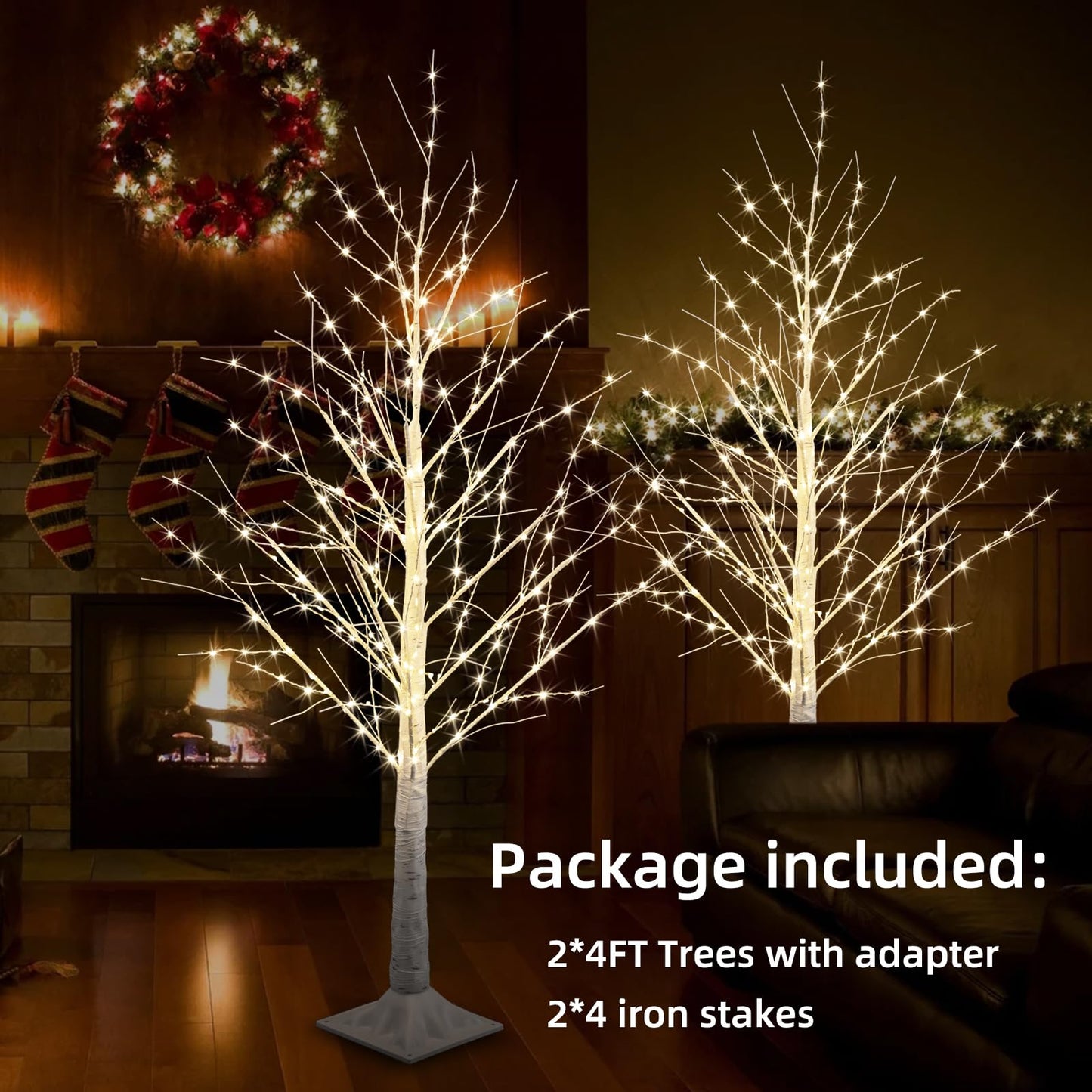 IJG 2pack 4FT 240 LED Christmas Birch Tree Warm White Lights with Twinkle Lights, LED Lighted Birch Tree for Indoor Outdoor Christmas Tree Decorations