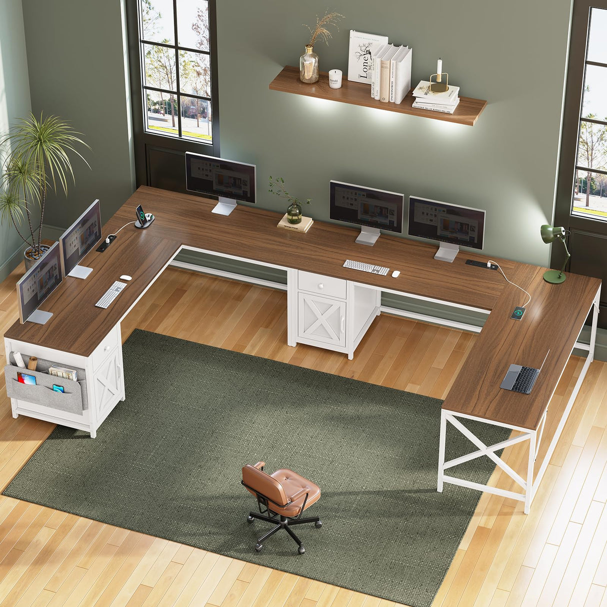 SEDETA 63" L Shaped Desk, Convertible Corner Office Desk with Drawer, Farmhouse Computer Desk with Power Strip & Storage Cabinet for Home Office, Brown & White SEDETA