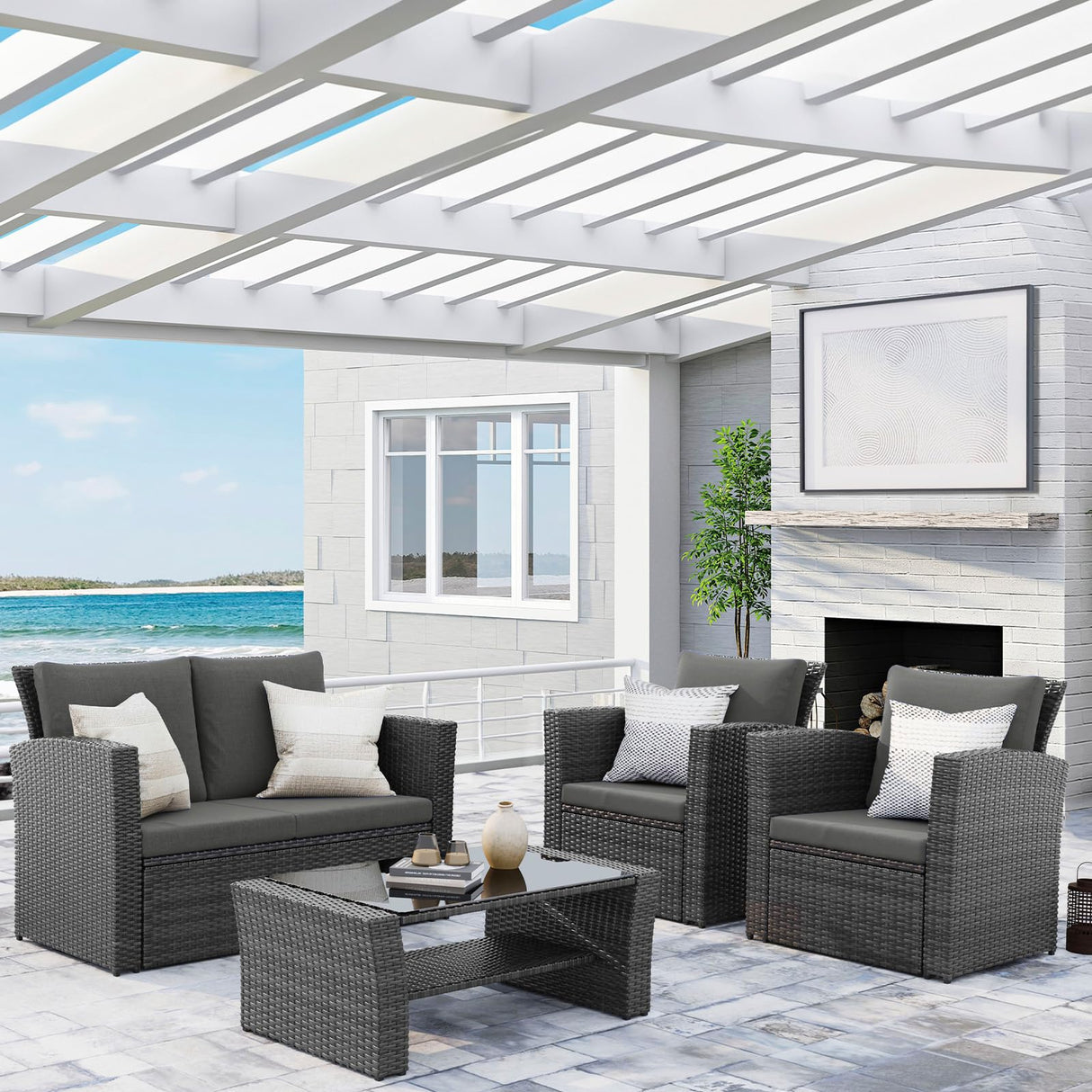 Wisteria Lane 4 Piece Outdoor Patio Furniture Sets, Wicker Conversation Set for Porch Deck, Grey Rattan Sofa Chair with Cushion （Dark Grey Wisteria Lane