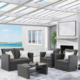 Wisteria Lane 4 Piece Outdoor Patio Furniture Sets, Wicker Conversation Set for Porch Deck, Grey Rattan Sofa Chair with Cushion （Dark Grey Wisteria Lane