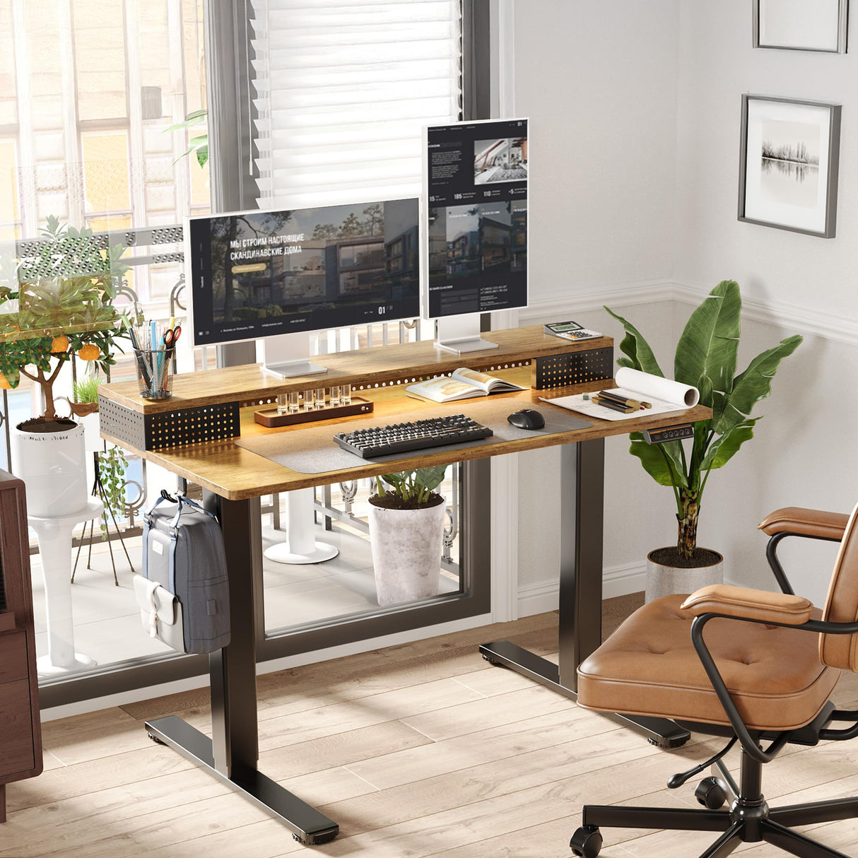 Claiks Electric Standing Desk with Shelf, 48 Inch Height Adjustable Standing Desk with LED Lights & Monitor Stand, Black Frame/Rustic Brown Top Claiks