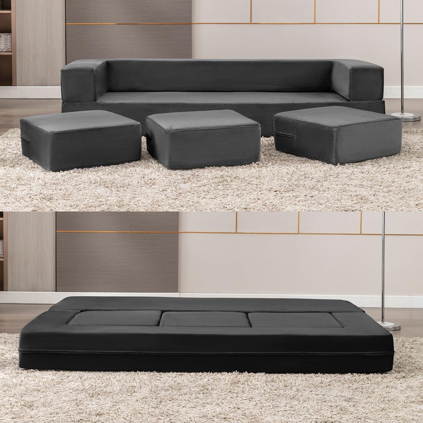 PUREMIND 10 Inch Folding Sofa Bed, Velvet Convertible Floor Sleeper Sofa with 3 Ottomans, Upholstered 2-in-1 Fold Out Couch Bed Queen Size Guest Bed Foldable Mattress for Living Room, Office