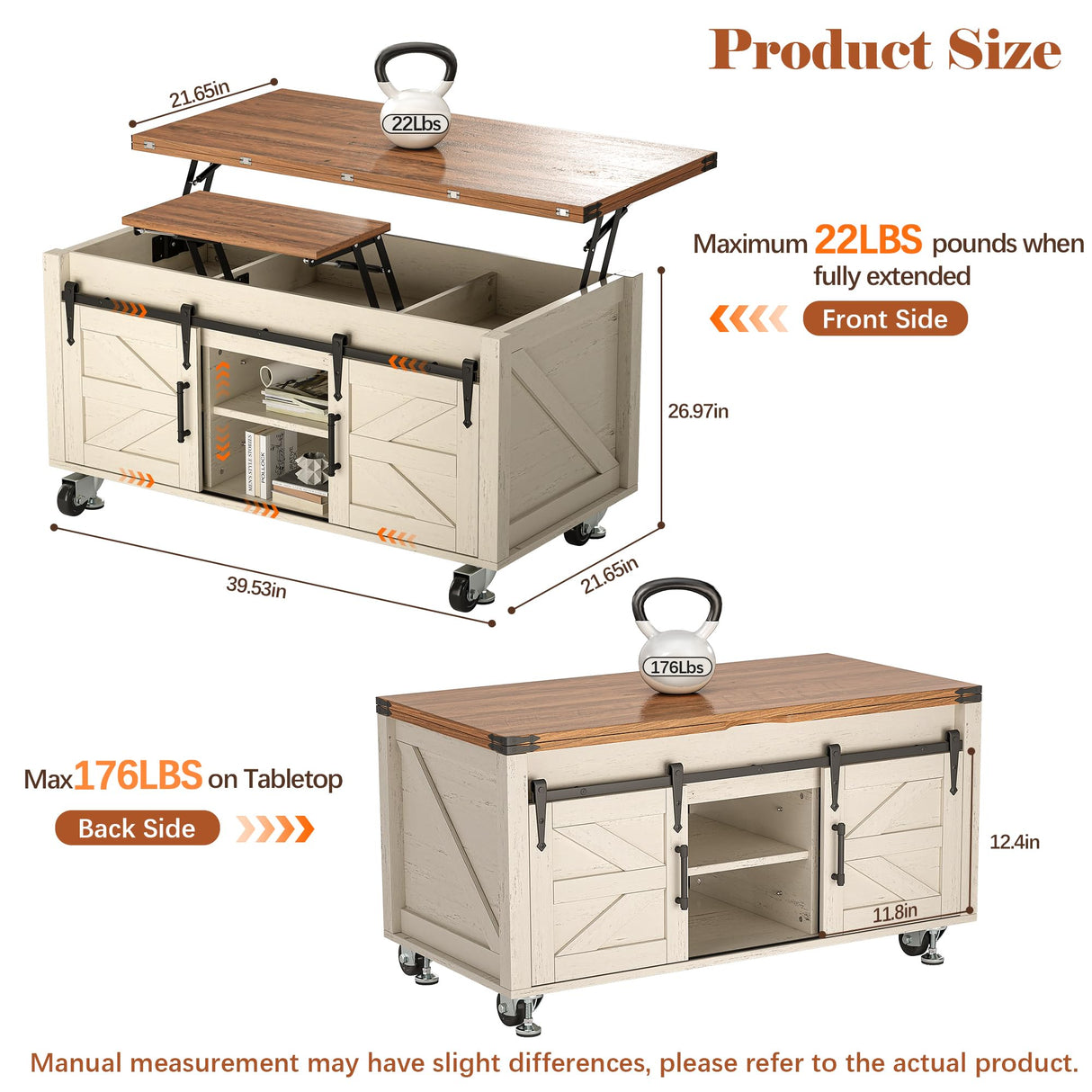 Turosur Lift Top Coffee Table with Storage, 4 in 1 Farmhouse Coffee Table with Lockable Rolling Wheels and Hidden Compartment, Center Table with 4 Sliding Barn Door for Living Room Turosur
