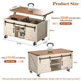 Turosur Lift Top Coffee Table with Storage, 4 in 1 Farmhouse Coffee Table with Lockable Rolling Wheels and Hidden Compartment, Center Table with 4 Sliding Barn Door for Living Room Turosur