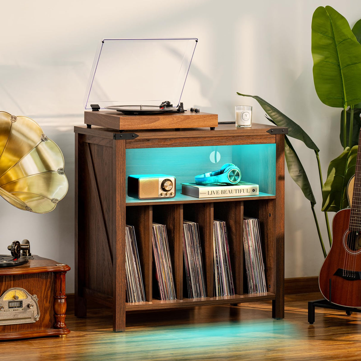Joaxswe Large Record Player Stand with Charging Station & LED Lights, Vinyl Records Storage Holder Cabinet Holds up to 230 Albums, Turntable Stand for Music Room, Bedroom, Living Room, Office (Brown) Joaxswe