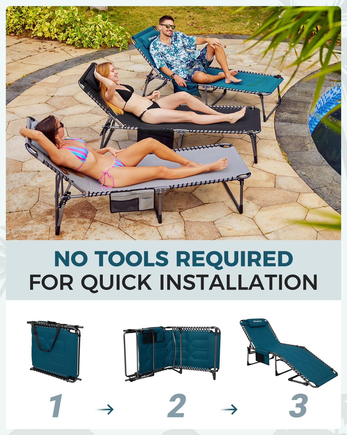 KingCamp Oversized Tanning Chair, Extra-Wide Padded Folding Chase Lounge Chairs Portable Adjustable 5-Position 400lbs Heavy Duty Lounger with Double-Layer Oxford for Outdoor Beach Patio Sun Pool KingCamp