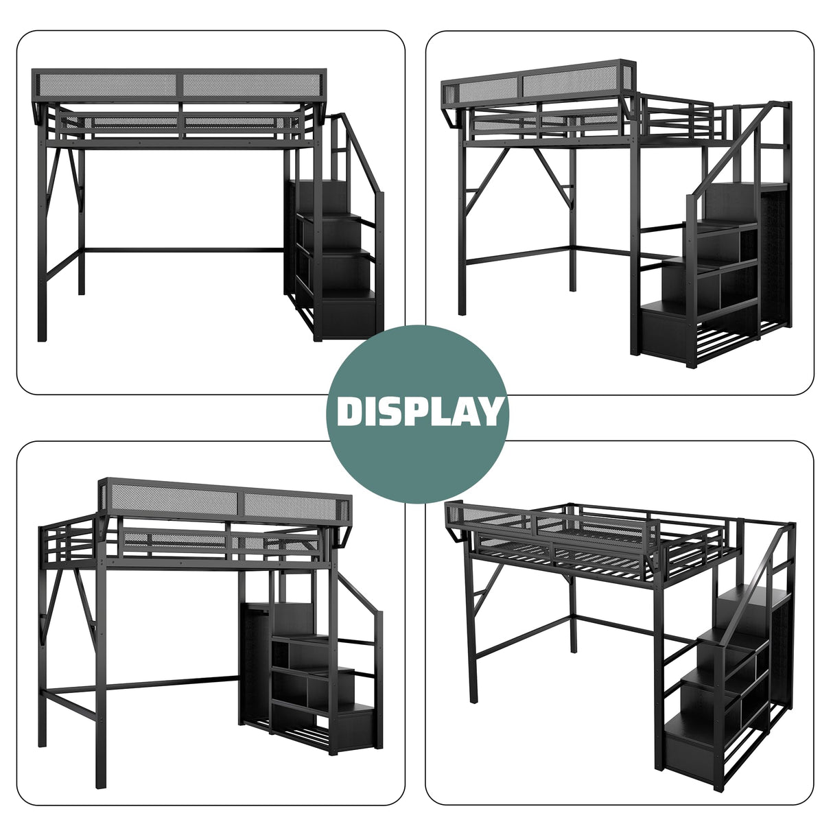 MoproBeti Full Size Loft Bed with Stairs, Metal Loft Beds Full with Storage Shelves, Adults Loft Bed with Wardrobe, Heavy Duty High Lofted Bed for Teens,Black +Black Stair MoproBeti