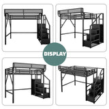 MoproBeti Full Size Loft Bed with Stairs, Metal Loft Beds Full with Storage Shelves, Adults Loft Bed with Wardrobe, Heavy Duty High Lofted Bed for Teens,Black +Black Stair MoproBeti