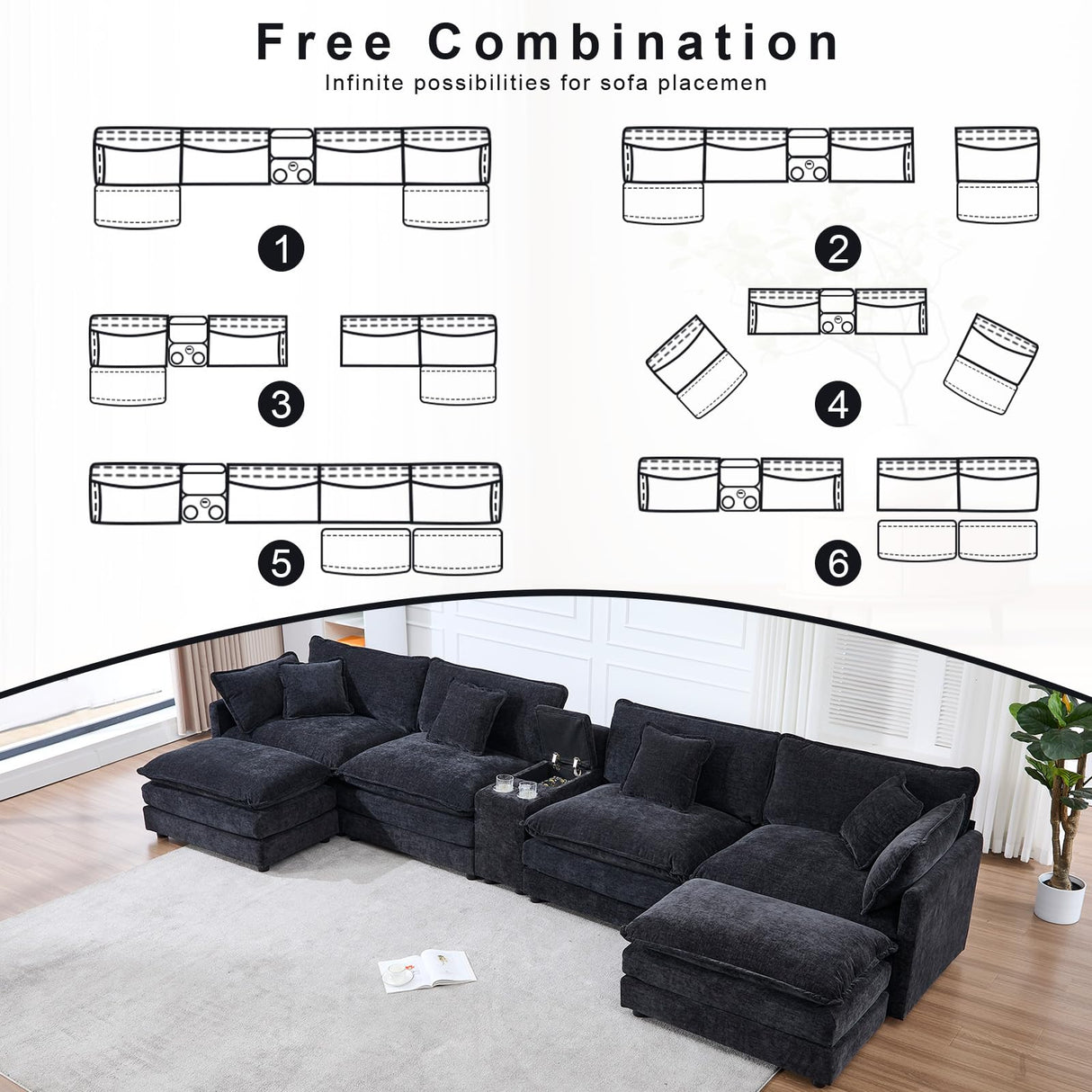 VEPXXP Oversized Modular Sectional Sofa, 159" Modern Large 6 Seater U Shaped Sectional Couch with Ottoman, Comfy Cloud Couches with Cup Holders & USB for Living Room, Spacious Space (Black) VEPXXP