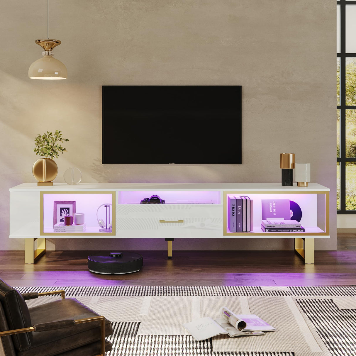 Bestier TV Stand with LED Light for TVs up to 80 inch, Modern Entertainment Center with Open Storage and Half-Glass Design Drawer, High Gloss Media Console Table for Living Room Bedrom, White and Gold Bestier