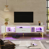 Bestier TV Stand with LED Light for TVs up to 80 inch, Modern Entertainment Center with Open Storage and Half-Glass Design Drawer, High Gloss Media Console Table for Living Room Bedrom, White and Gold Bestier